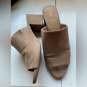 Christian Siriano suede tan sandals with two inch heel